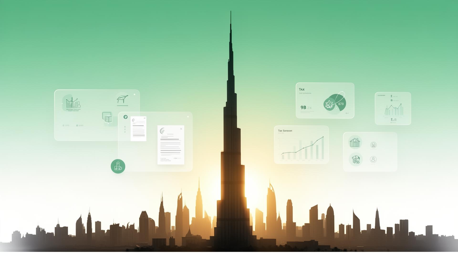 Dubai skyline with Tax Easy UAE fintech dashboard